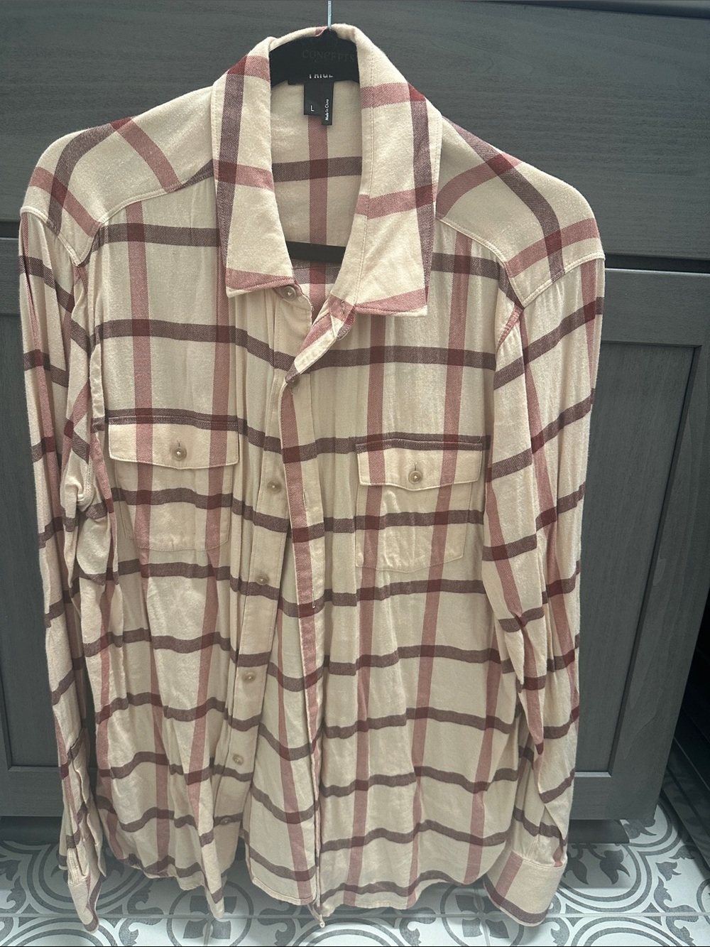PAIGE Beige and Maroon Plaid Button-Down Shirt